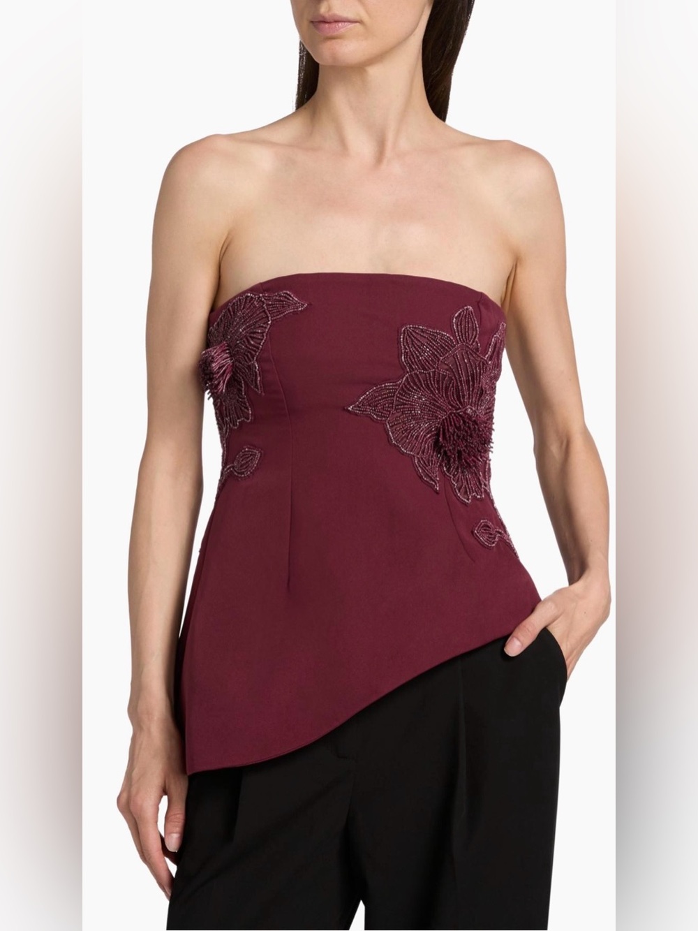 AMUR Ardell Beaded Floral Strapless Top in Pinot Noir